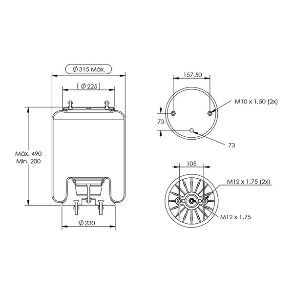 Desenho técnico com medidas: Mola Pneumática Suspensão do Eixo Carreta Linshalm (kit sem base)
