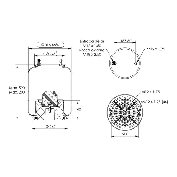 Desenho técnico com medidas: Mola Pneumática Suspensão do Eixo Carreta Guerra, HBZ, Ibero e Outros (kit sem base)