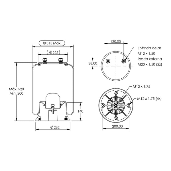 Desenho técnico com medidas: Mola Pneumática Suspensão do Eixo Carreta Facchini Vanderleia SRF (kit sem base)