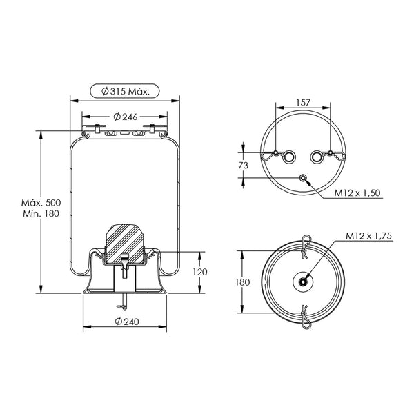 Desenho técnico com medidas: Mola Pneumática Suspensão do Eixo Scania S3 143 Europeu Tração e Terceiro Eixo (kit sem base)
