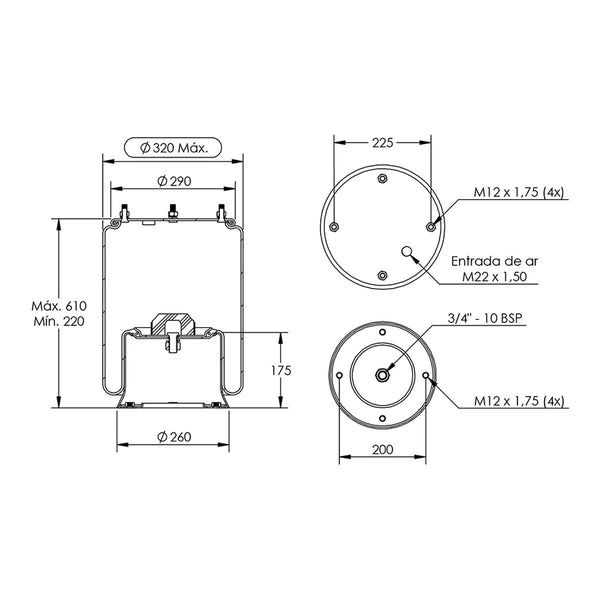 Desenho técnico com medidas: Mola Pneumática Suspensão do Eixo Carreta Metalesp