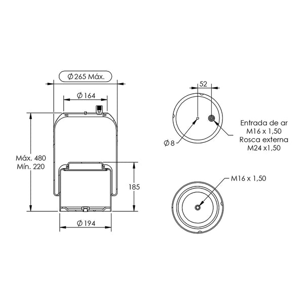 Desenho técnico com medidas: Mola Pneumática Suspensão do Eixo Mercedes-Benz Actros e Axor 2010 a 2014 Tração e Terceiro Eixo Sem Sensor (kit sem base)