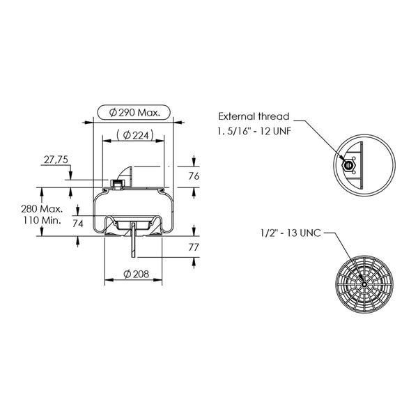 Desenho técnico com medidas: Mola Pneumática Suspensão do Eixo Kenworth OEM C81-1004