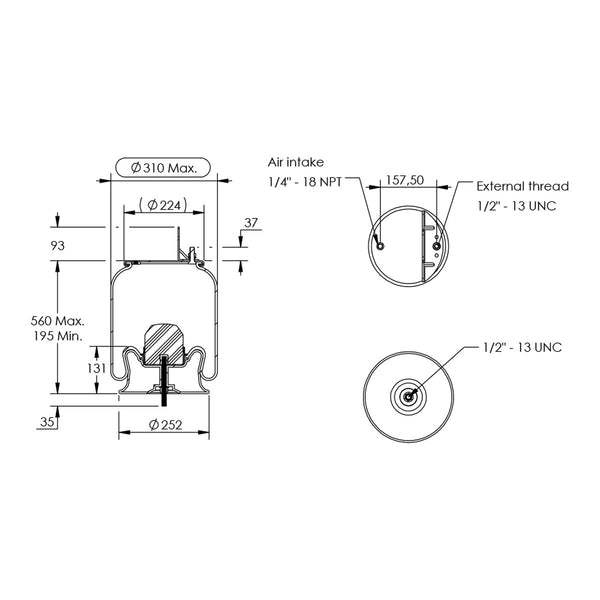 Desenho técnico com medidas: Mola Pneumática Suspensão do Eixo Carreta Hendrickson OEM 57122-2
