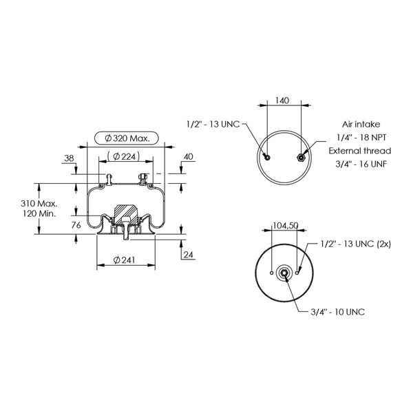 Desenho técnico com medidas: Mola Pneumática Suspensão do Eixo Carreta Hendrickson OEM S2064