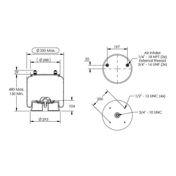Desenho técnico com medidas: Mola Pneumática Suspensão do Eixo Carreta Hendrickson OEM S4771