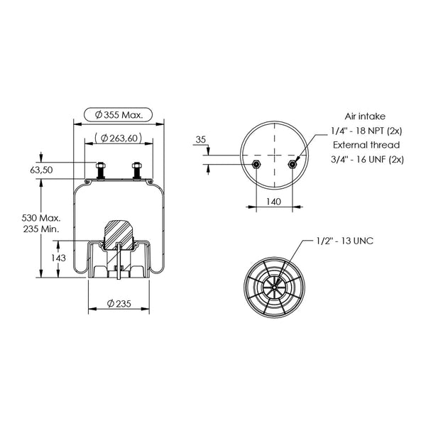Desenho técnico com medidas: Mola Pneumática Suspensão do Eixo Carreta Hendrickson OEM S22948