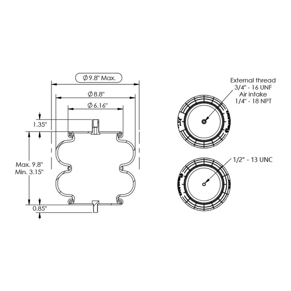 Desenho técnico com medidas: Mola Pneumática Suspensor do Eixo Carreta Watson & Chalin OEM AS-0058