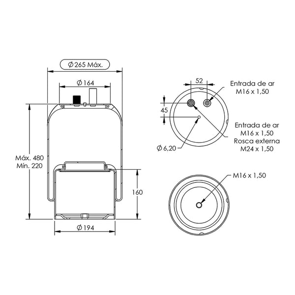 Desenho técnico com medidas: Mola Pneumática Suspensão do Eixo Mercedes-Benz Actros e Axor 2010 a 2014 Tração e Terceiro Eixo Com Sensor