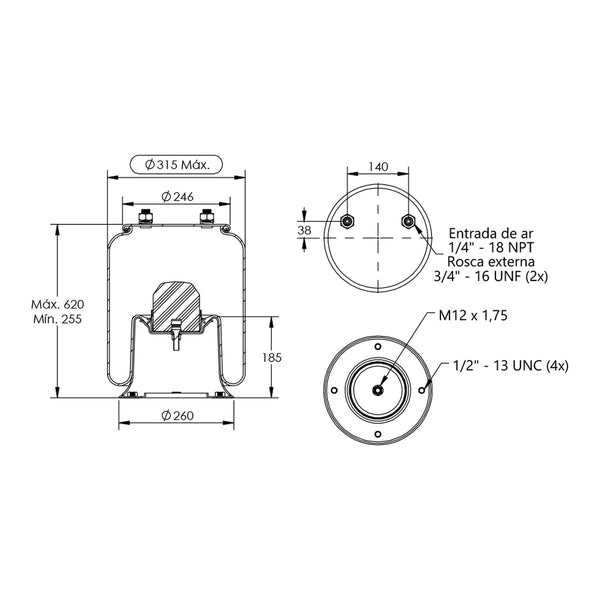 Desenho técnico com medidas: Mola Pneumática Suspensão do Eixo Carreta KLL e SAF-Holland (kit sem base)