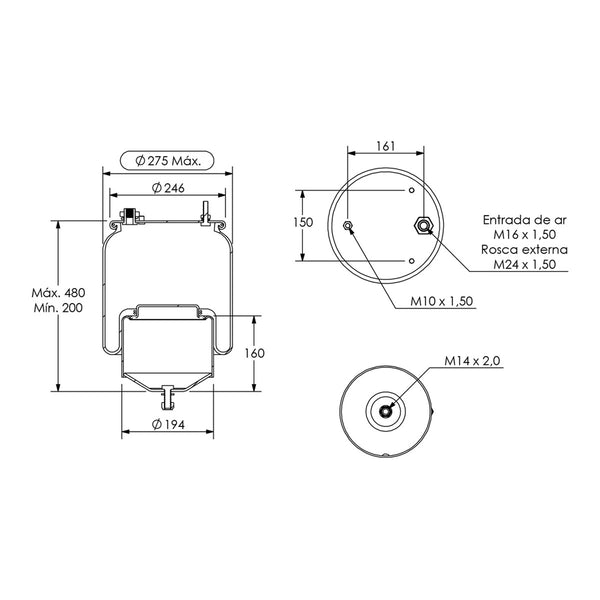 Desenho técnico com medidas: Mola Pneumática Suspensão do Eixo Volvo FH e FM 2015 em Diante Tração
