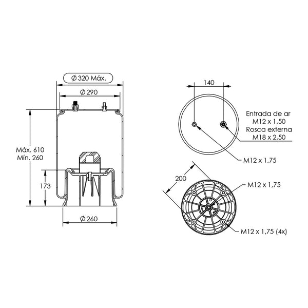 Desenho técnico com medidas: Mola Pneumática Suspensão do Eixo Carreta Rodofort, Librelato e Ibero (kit sem base)
