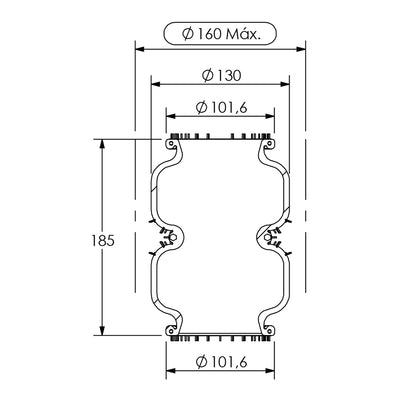 Desenho técnico com medidas: Fole Pneumático Industrial Ø160 x 185 mm