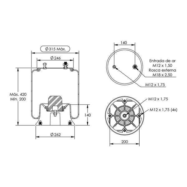 Desenho técnico com medidas: Mola Pneumática Suspensão do Eixo Pulverizador Kuhn Fighter 2500/3000 e Montana Parruda Stronger Dianteira e Traseira