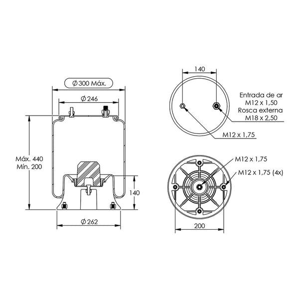 Desenho técnico com medidas: Mola Pneumática Suspensão do Eixo Pulverizador/Distribuidor Autopropelido Axis, Tatu e Outros Dianteira e Traseira (kit sem base)