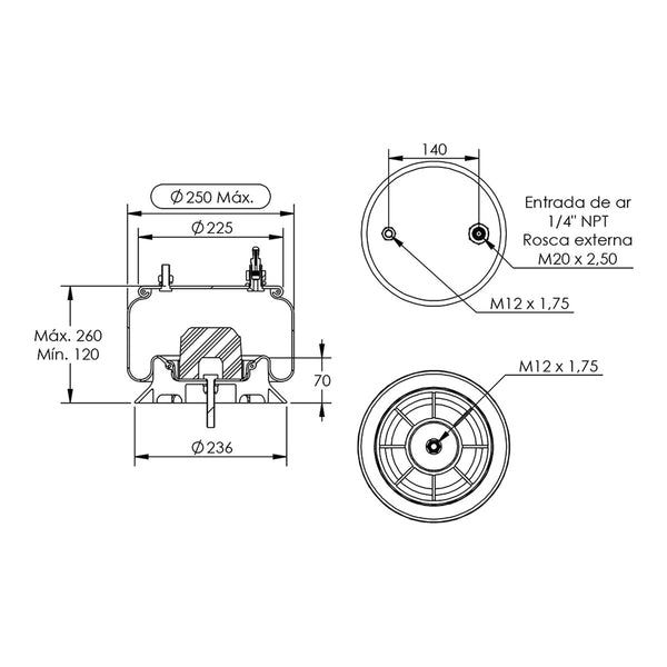Desenho técnico com medidas: Mola Pneumática Suspensão do Eixo Pulverizador John Deere M4630 e M4025 Dianteira e Traseira
