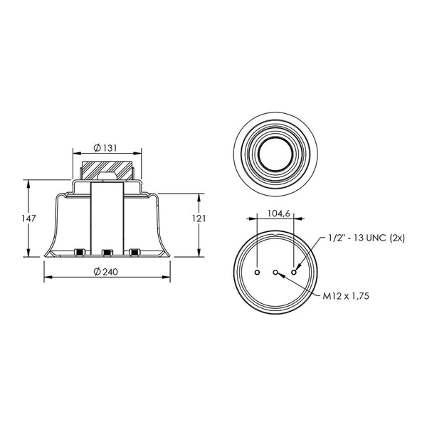 Desenho técnico com medidas: Base da Mola Pneumática Suspensão do Eixo Pulverizador Autopropelido Rubemaq Saurus 2500 Dianteira e Traseira