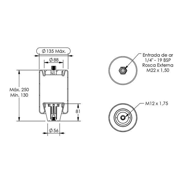Desenho técnico com medidas: Mola Pneumática da Plantadeira John Deere Rosca Superior M22 x 1,50