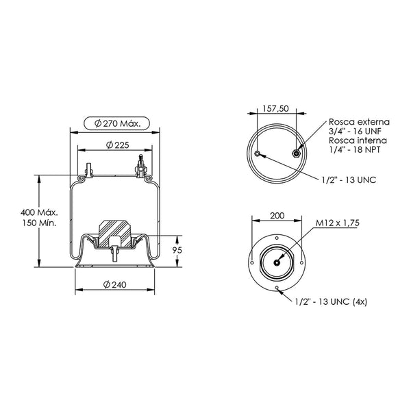 Desenho técnico com medidas: Mola Pneumática Suspensão do Eixo Despendoador Hagie 204SP