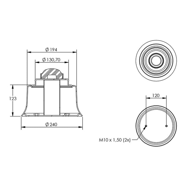 Desenho técnico com medidas: Base da Mola Pneumática Suspensão do Eixo Pulverizador Jacto Uniport 2030 e 3030 e Outros