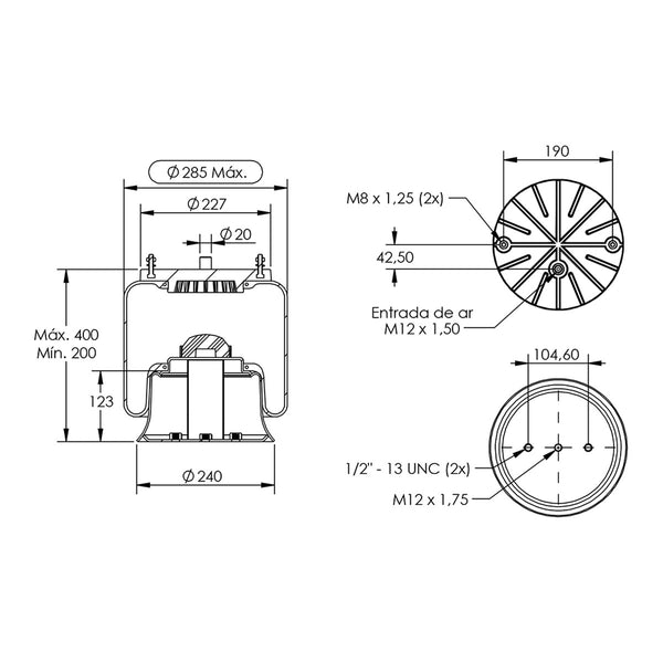 Desenho técnico com medidas: Mola Pneumática Suspensão do Eixo Pulverizador Autopropelido KS Evolution 2000 e Premium 2500 e Montana Parruda Dianteira e Traseira