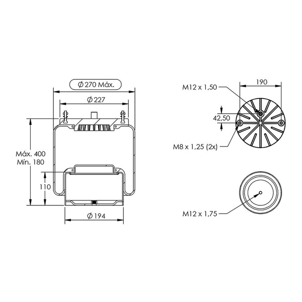 Desenho técnico com medidas: Mola Pneumática Suspensão do Eixo Pulverizador Autopropelido Kuhn Boxer 2000 H Dianteira e Traseira