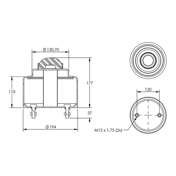 Desenho técnico com medidas: Base da Mola Pneumática Suspensão do Eixo Pulverizador Metalfor 2500 Dianteira e Traseira
