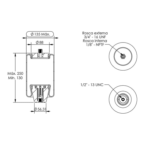 Desenho técnico com medidas: Mola Pneumática da Plantadeira John Deere Rosca Superior 3/4"-16 UNF