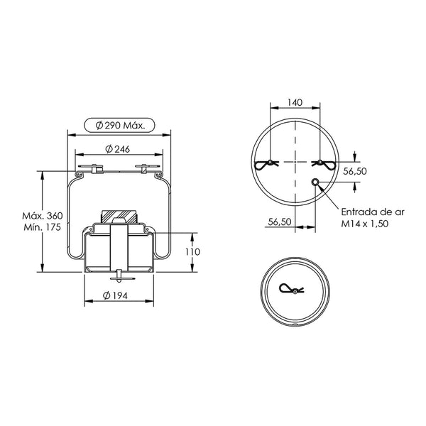 Desenho técnico com medidas: Mola Pneumática Suspensão do Eixo Ônibus Scania K-124 IB/EB 6x2 e K-400 IB 6x2 Terceiro Eixo (kit sem base)