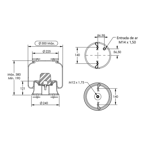 Desenho técnico com medidas: Mola Pneumática Suspensão do Eixo Ônibus Scania K-124 IB/EB, L-94 IB e K-400 Dianteira (kit sem base)
