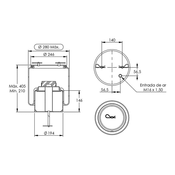 Desenho técnico com medidas: Mola Pneumática Suspensão do Eixo Ônibus Scania K-250 IB/UB 4x2 e K-310 IA 8x2/2 Intermediário e Traseira (kit sem base)