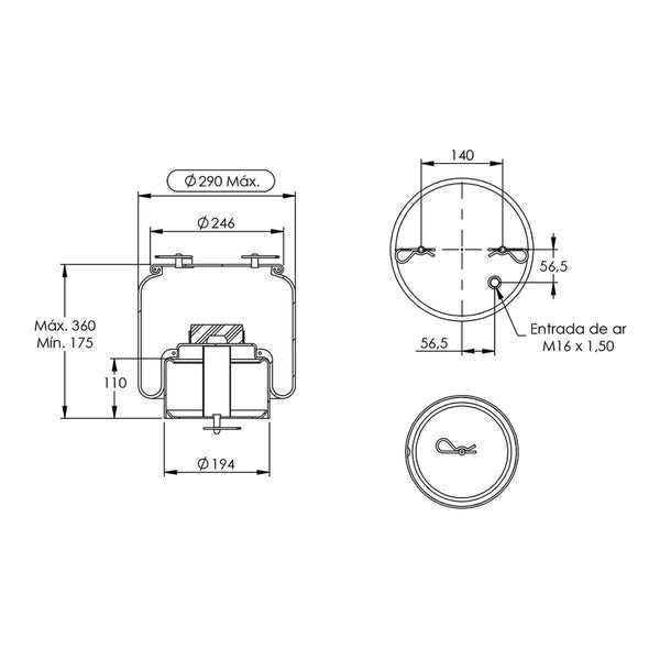 Desenho técnico com medidas: Mola Pneumática Suspensão do Eixo Ônibus Scania K-270, K-310 e K-360 e Outros Terceiro Eixo