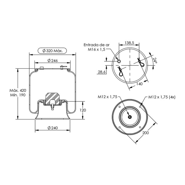 Desenho técnico com medidas: Mola Pneumática Suspensão do Eixo Ônibus Scania K-440 IB 8x2 Dianteira
