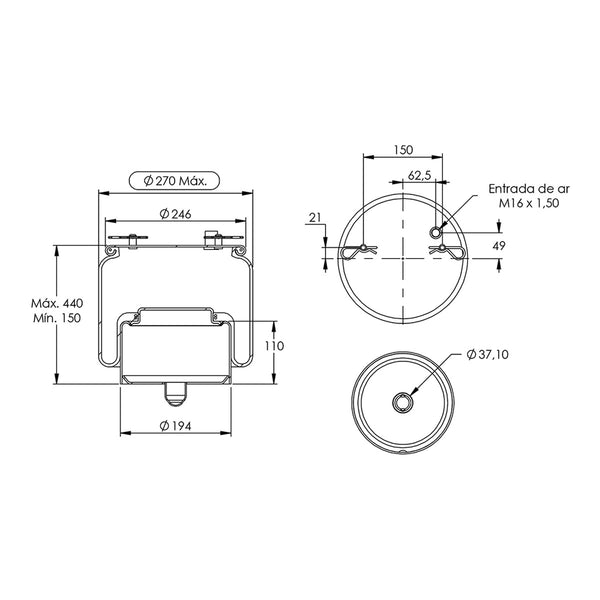 Desenho técnico com medidas: Mola Pneumática Suspensão do Eixo Ônibus Volvo B12M e B12R Urbano Traseira (kit sem base)