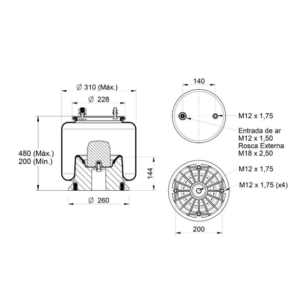 Conjunto Mola Pneumática para Suspensão de Eixo com Base para Caminhão Volvo FH NH Volkswagen Titan 18.310 Volkswagen Constellation 19.320 Ford Cargo