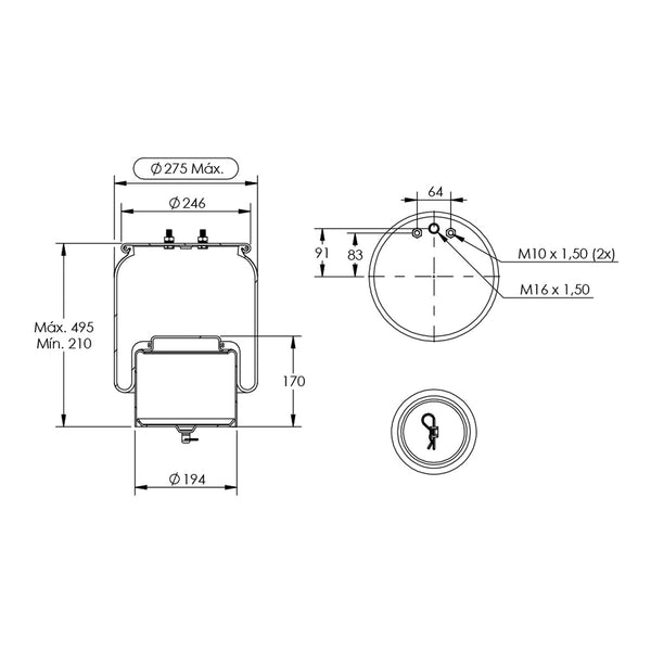 Desenho técnico com medidas: Mola Pneumática Suspensão do Eixo Volvo FH e NH Modelo Importado Tração