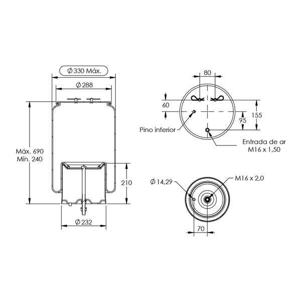 Desenho técnico com medidas: Mola Pneumática Suspensão do Eixo Scania S5 e S6 NTG 2009 em Diante Tração e Terceiro Eixo (kit sem base)