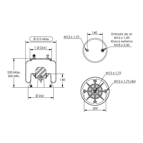 Desenho técnico com medidas: Mola Pneumática Suspensão do Eixo Carreta Facchini e HBZ (kit sem base)