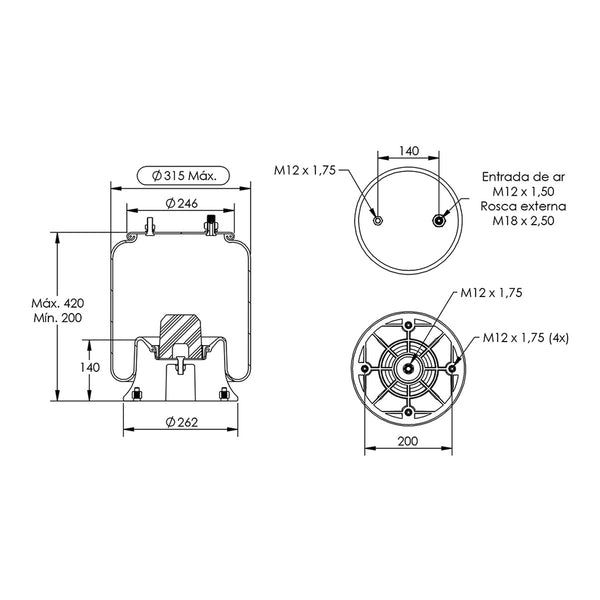 Desenho técnico com medidas: Mola Pneumática Suspensão do Eixo Volvo FH/NH 12 e Outros Tração e Terceiro Eixo