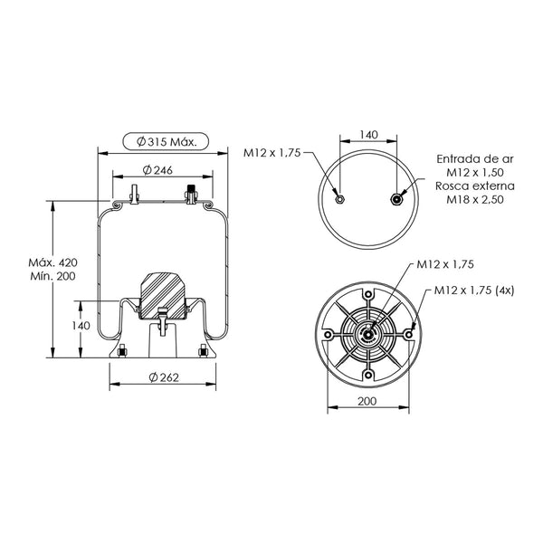Desenho técnico com medidas: Mola Pneumática Suspensão do Eixo Carreta Facchini, HBZ e Três Eixos (kit sem base)