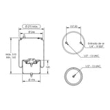 Desenho técnico com medidas: Mola Pneumática Suspensão do Eixo International 9800 e 9200, Mack CV 713 Tração e Terceiro Eixo