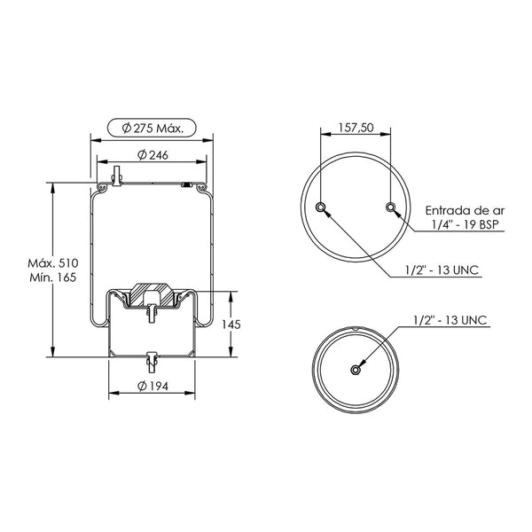 Desenho técnico com medidas: Mola Pneumática Suspensão do Eixo International 9800 e 9200, Mack CV 713 Tração e Terceiro Eixo