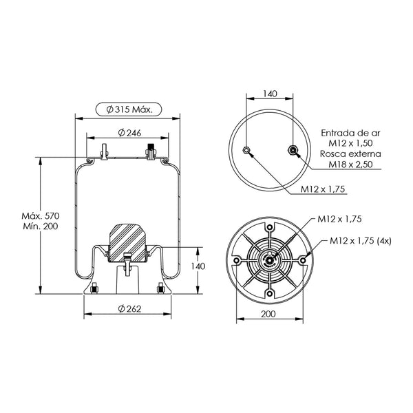 Desenho técnico com medidas: Mola Pneumática Suspensão do Eixo Carreta Facchini (kit sem base)