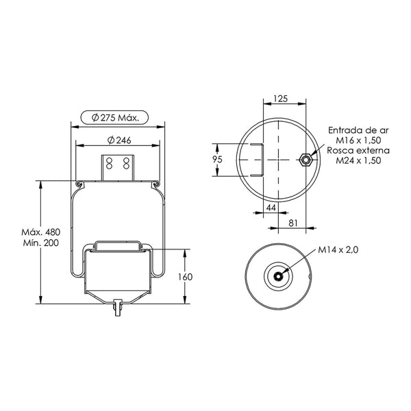 Desenho técnico com medidas: Mola Pneumática Suspensão do Eixo Volvo FH/FM 2004 a 2014 Tração e Terceiro Eixo (kit sem base)