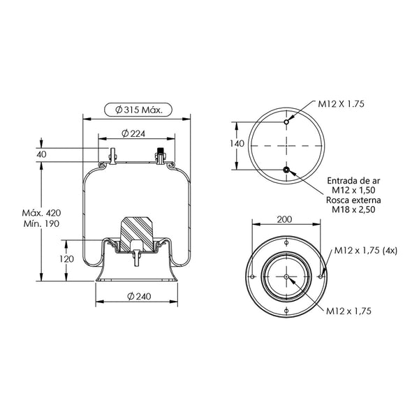 Desenho técnico com medidas: Mola Pneumática Suspensão do Eixo Carreta Facchini, Dambroz e HBZ (kit sem base)