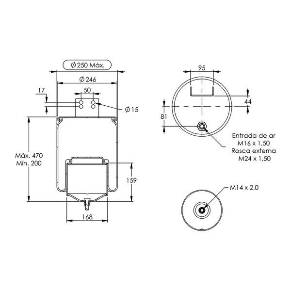 Desenho técnico com medidas: Mola Pneumática Suspensão do Eixo Volvo FH/FM 2004 a 2014 Tração (kit sem base)