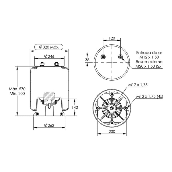 Desenho técnico com medidas: Mola Pneumática Suspensão do Eixo Carreta Facchini
