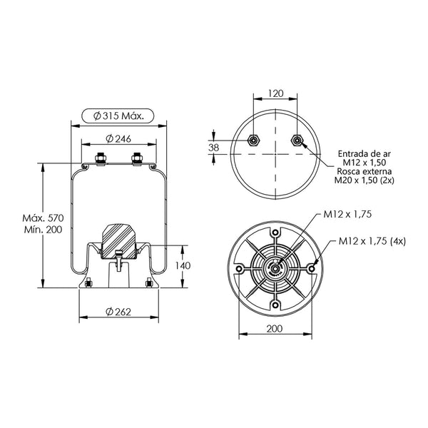Desenho técnico com medidas: Mola Pneumática Suspensão do Eixo Carreta Facchini (kit sem base)