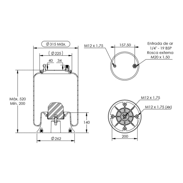 Desenho técnico com medidas: Mola Pneumática Suspensão do Eixo Carreta HBZ (kit sem base)