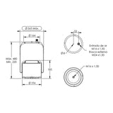 Desenho técnico com medidas: Mola Pneumática Suspensão do Eixo Mercedes-Benz Actros e Axor 2010 a 2014 Tração e Terceiro Eixo Sem Sensor (kit sem base)